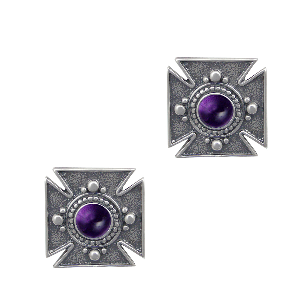 Sterling Silver Small Iron Cross Post Stud Earrings With Amethyst